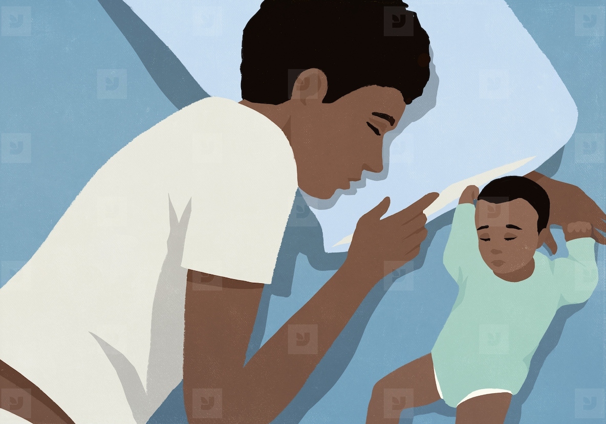 View from above of tired father and newborn son sleeping in bed at night