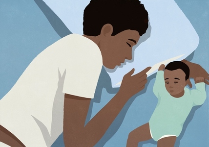 View from above of tired father and newborn son sleeping in bed at night