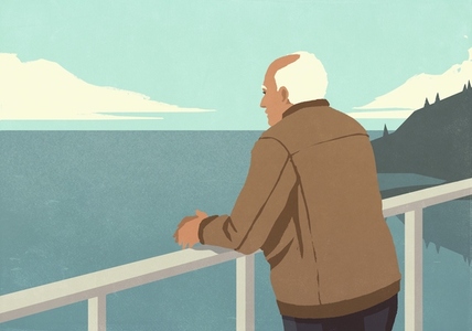 Thoughtful senior man looking at ocean view from balcony