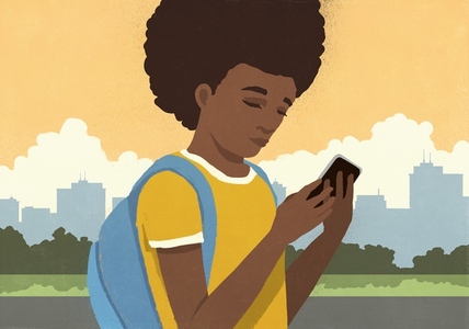 Schoolgirl with backpack using smart phone in city park