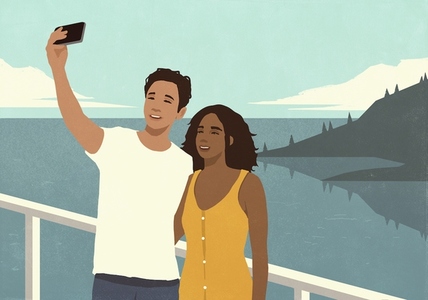 Happy young multiracial couple taking selfie on waterfront balcony overlooking scenic lake