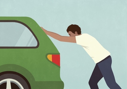 Man pushing broken down green car against blue background Man pushing broken down green car against blue background