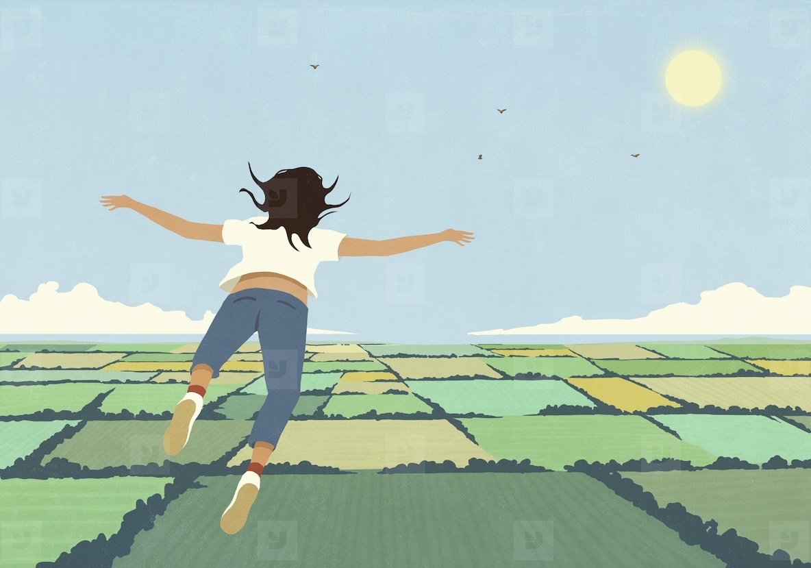 Carefree woman daydreaming flying over sunny
