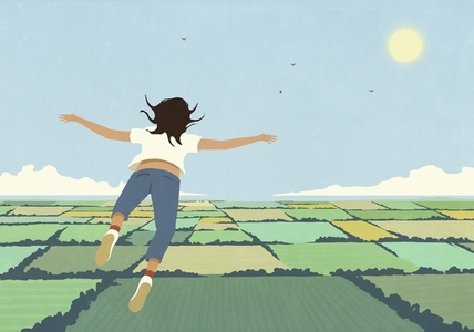 Carefree woman daydreaming flying over sunny