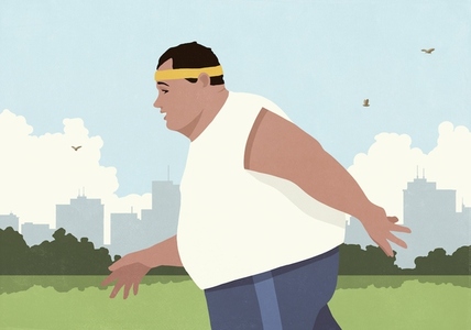 Side view of overweight man jogging in sunny city park