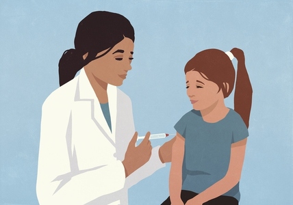 Female pediatrician with syringe giving vaccination shot to girl patient against blue background
