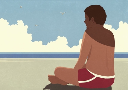 Shadow over sunburned man with bare chest sitting on sunny summer beach