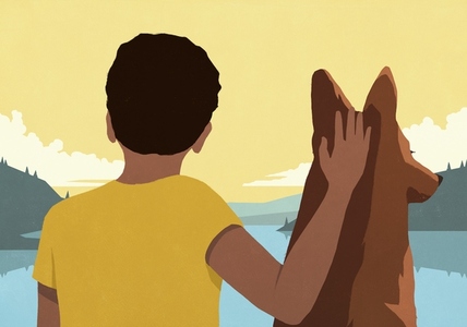 Serene man petting dog relaxing and enjoying tranquil lakeside view