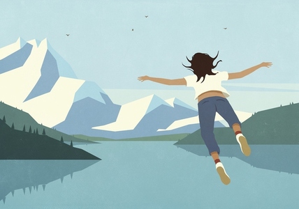 Carefree woman flying over tranquil blue mountain lake Carefree woman flying over tranquil blue mountain lake