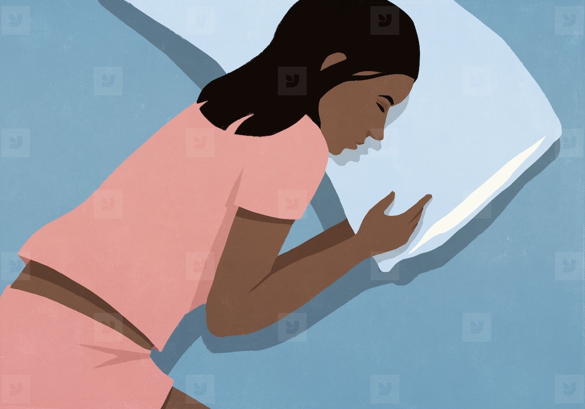 View from above of tired woman in pajamas sleeping on pillow in bed