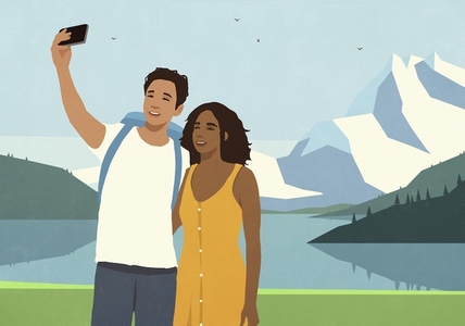 Happy couple enjoying summer getaway taking selfie at sunny mountain lakeside Happy couple enjoying summer getaway taking selfie at sunny mountain lakeside
