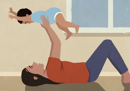 Woman playing with baby son flying him overhead on floor at home