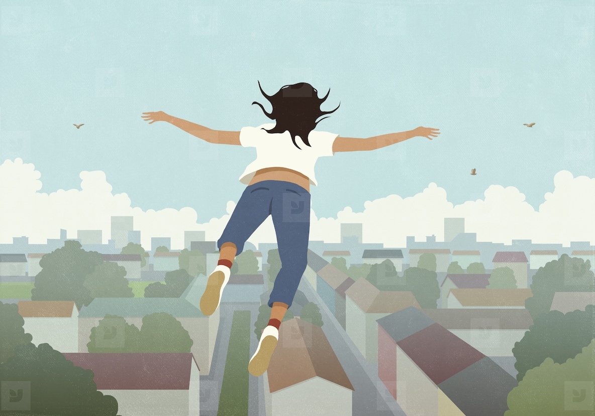 Woman daydreaming flying over house rooftops