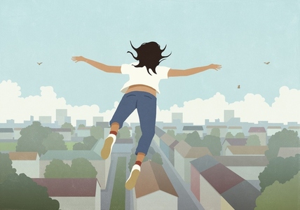 Woman daydreaming flying over house rooftops