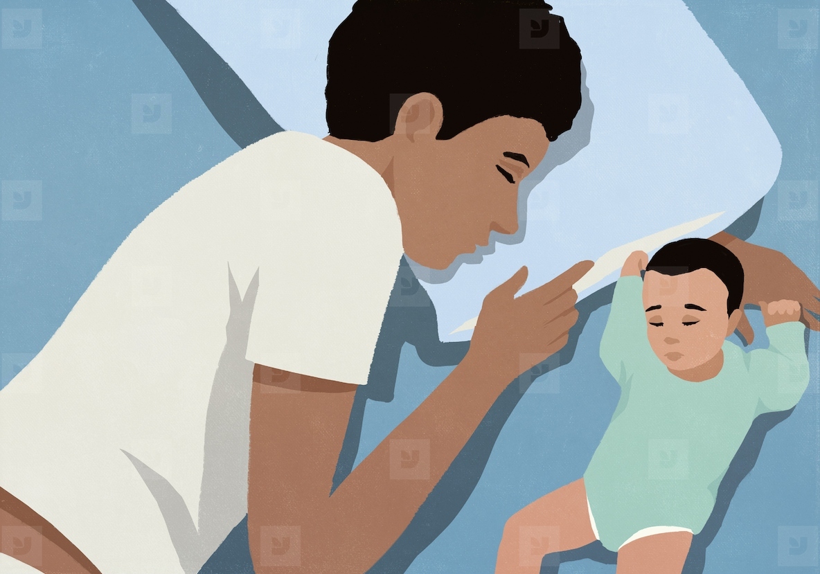 View from above of tired father sleeping next to newborn son in bed