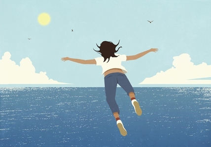 Carefree woman daydreaming flying over sunny blue summer ocean