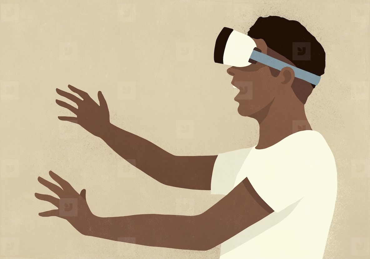 Man using VR goggles with arms outstretched against beige background