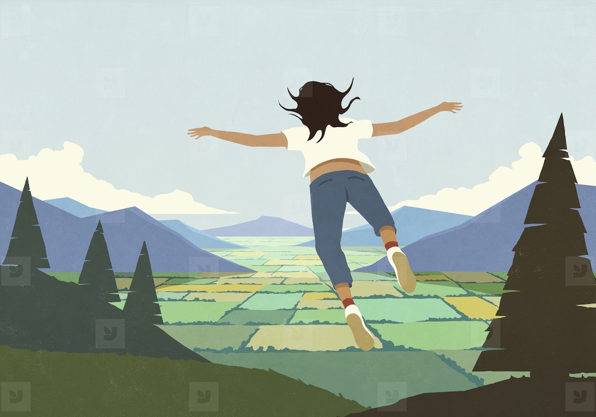 Woman daydreaming flying over scenic rural landscape