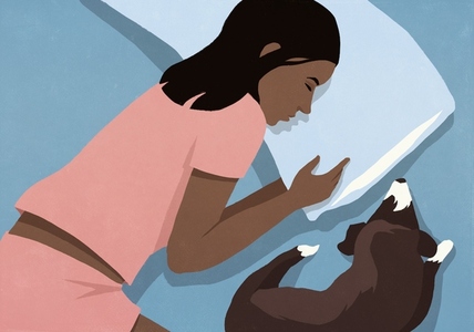 View from above of tired woman sleeping in bed with dog at night