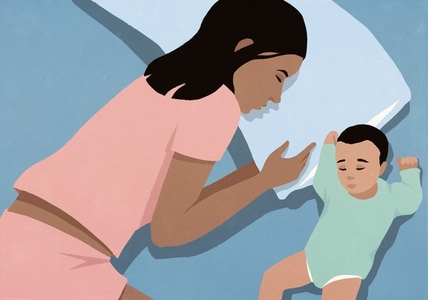 View from above of mother and newborn baby boy sleeping side by side in bed