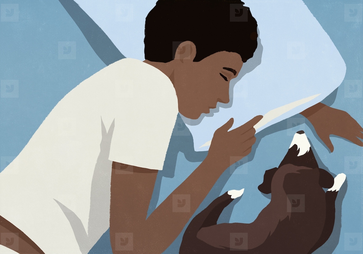 View from above of dog and tired man sleeping next to each other in bed