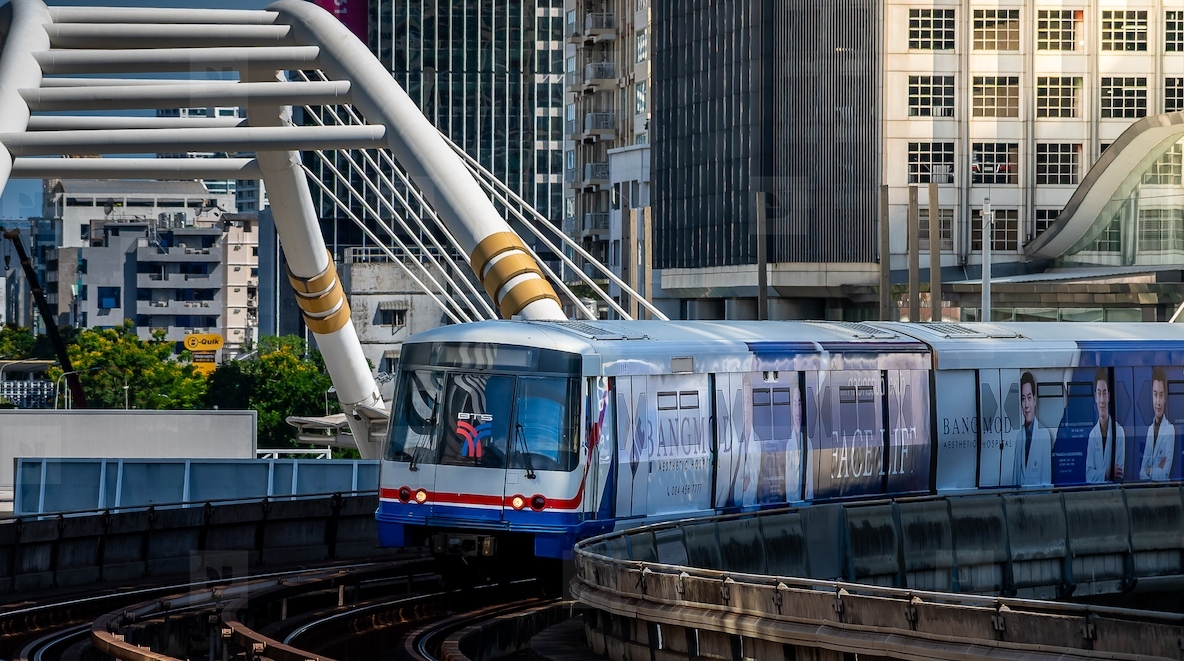 Bangkok Thailand April 20 The BTS Skytrain is entering Chon