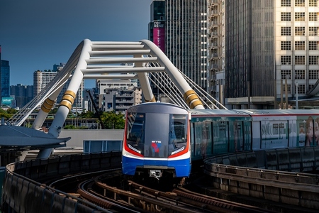Bangkok  Thailand   April 20  The BTS Skytrain is entering Chon
