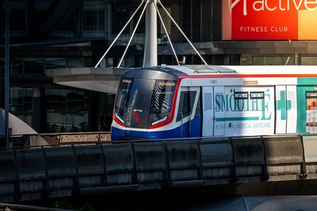 Bangkok  Thailand   April 20  The BTS Skytrain is entering Chon