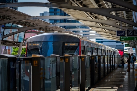 Bangkok  Thailand   April 20  The BTS Skytrain is entering Chon