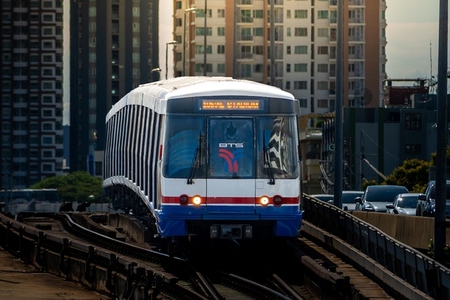 Bangkok  Thailand   April 20  The BTS Sky Train Passing Taksin