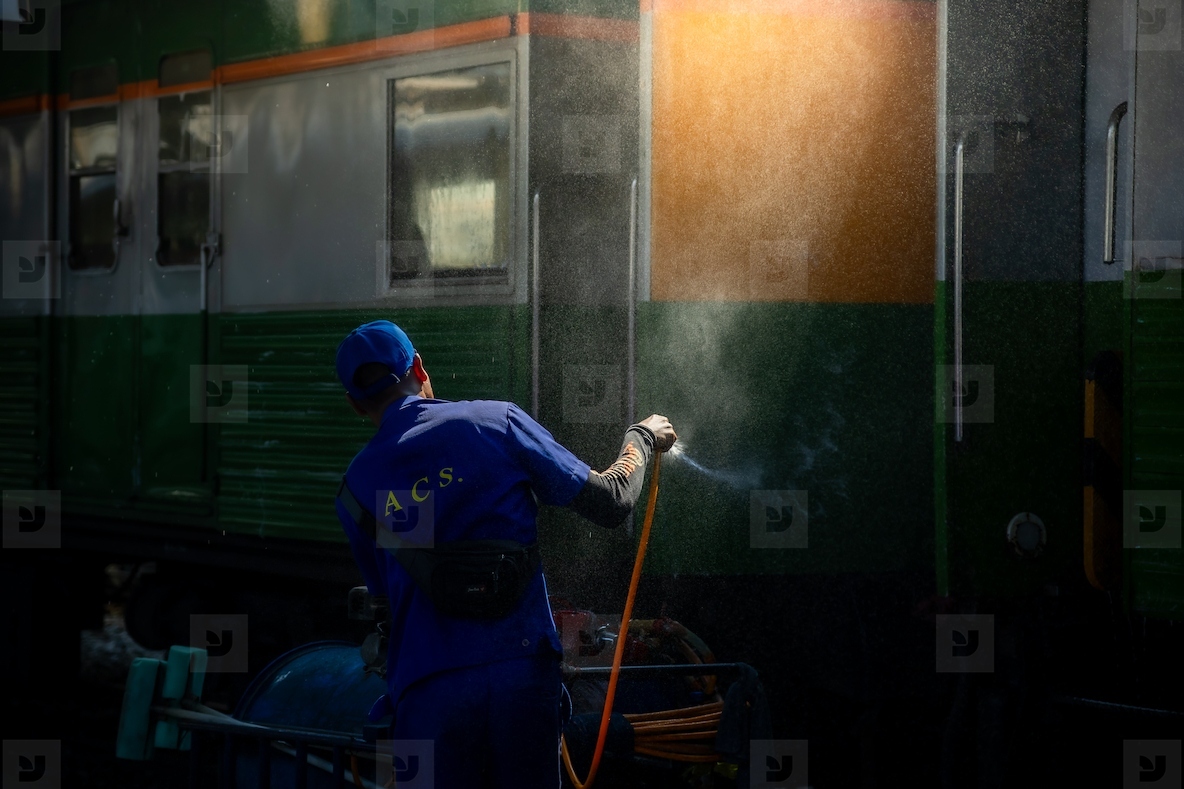 Bangkok  Thailand   March 3  Workers spray water to clean train