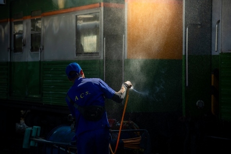 Bangkok  Thailand   March 3  Workers spray water to clean train