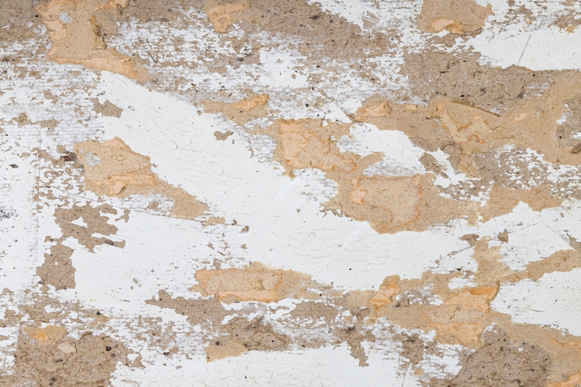 Old weathered wall surface with peeling white paint and exposed rough plaster texture  Rustic grunge background with cracked paint  chipped plaster  and distressed vintage look  Perfect for use in des