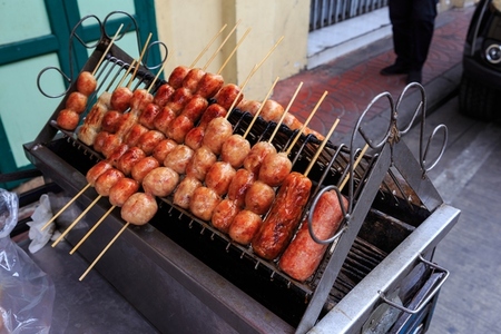 Thailand street food Grilled Isaan sausages sold on streetsides Thailand street food Grilled Isaan sausages sold on streetsides