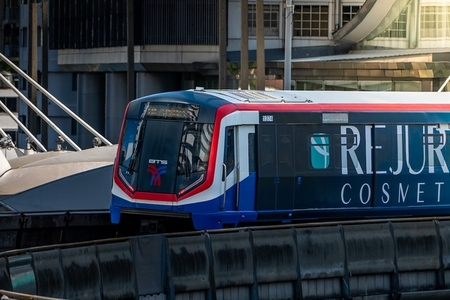 Bangkok  Thailand   April 20  The BTS Skytrain is entering Chon