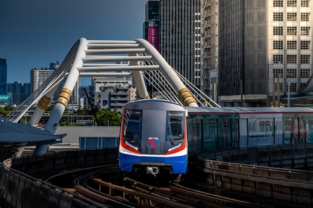 Bangkok  Thailand   April 20  The BTS Skytrain is entering Chon