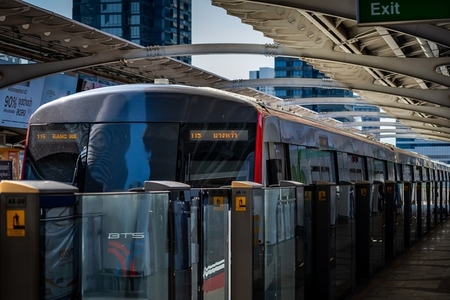 Bangkok  Thailand   April 20  The BTS Skytrain is entering Chon