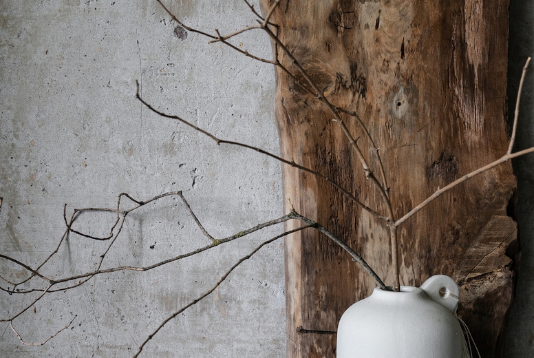 Minimalist still life with a white ceramic vase holding dry branches, placed against a rustic wooden board and textured concrete wall. Natural wabi-sabi style composition.