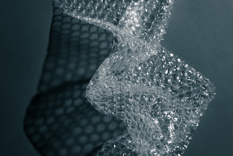 Close up of bubble wrap casting geometric shadows on a surface. Abstract minimal texture in monochrome light.
