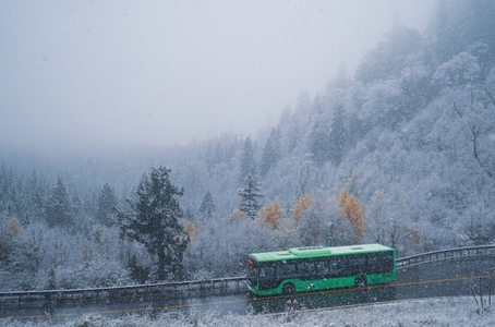 Scenic winter landscape bus journey through mountains in China