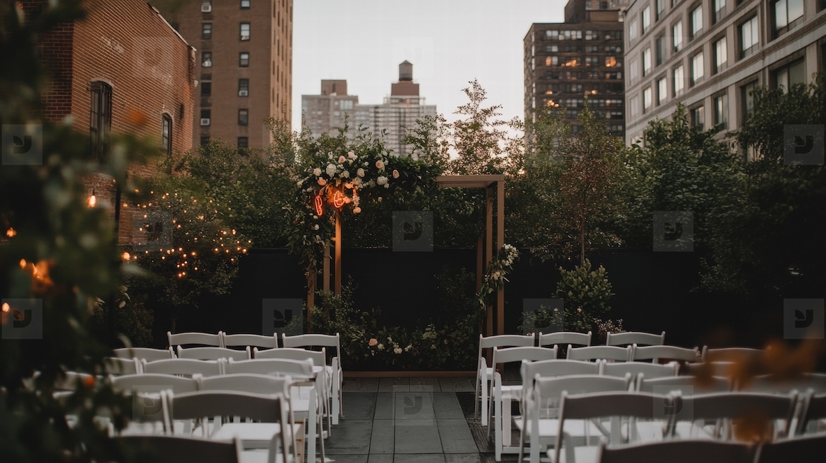 Urban outdoor wedding ceremony with white chairs  floral arch  city buildings  romantic evening