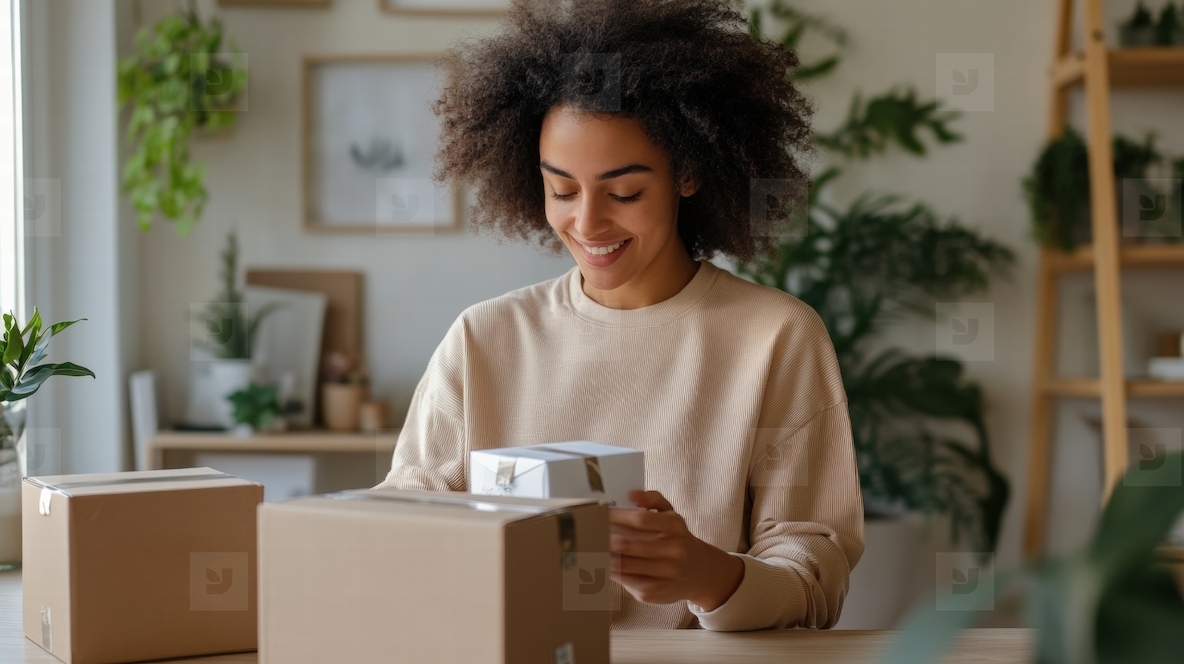 Happy young woman unboxing packages at home  surrounded by plants  natural light  cozy vibe