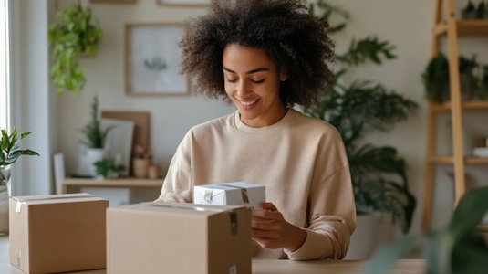 Happy young woman unboxing packages at home  surrounded by plants  natural light  cozy vibe
