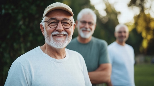 Senior man smiling outdoors with friends  casual clothing  natural light  cheerful mood