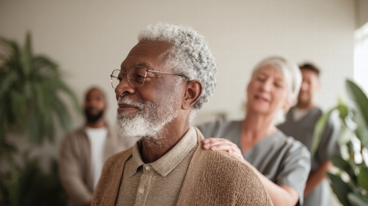 Elderly man receiving chiropractic adjustment from female therapist bright room  feeling relaxed