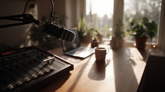Home studio podcast microphone  audio mixer  laptop  coffee cup  sunlight  cozy  morning