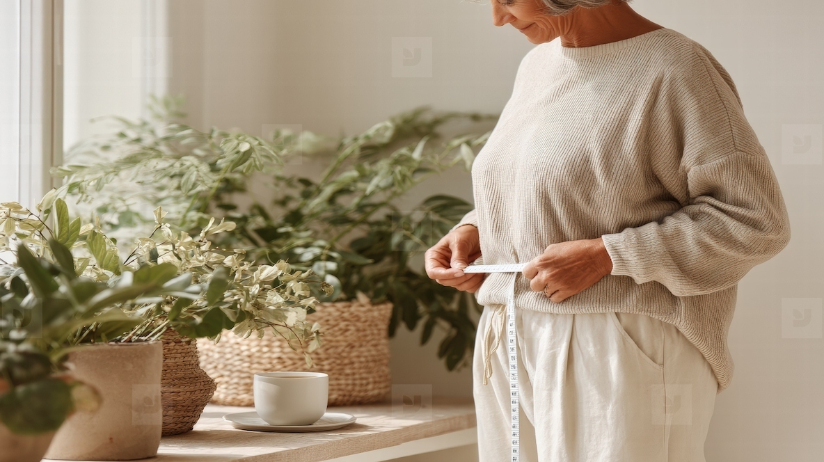 Woman measuring waistline with tape  relaxed morning  natural light  cozy home  healthy lifestyle