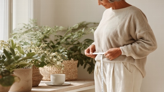 Woman measuring waistline with tape  relaxed morning  natural light  cozy home  healthy lifestyle