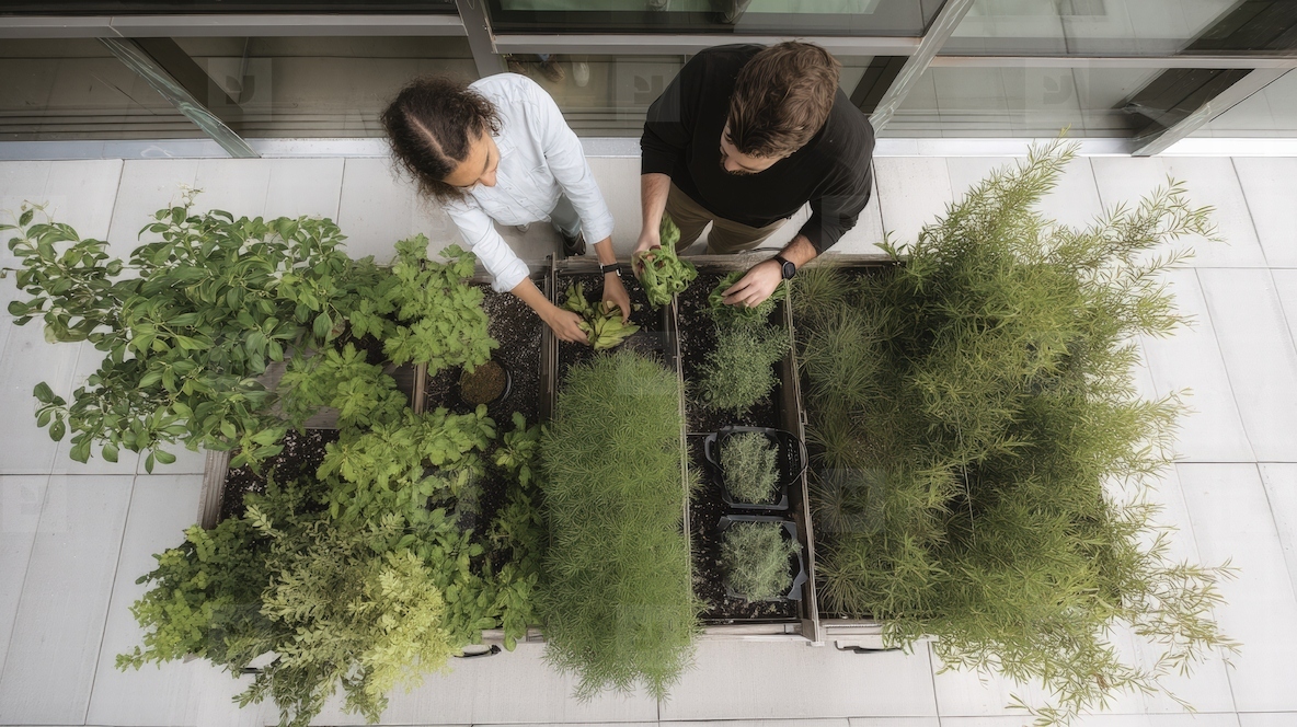 Rooftop garden people plants green urban outdoor herbs relaxing city modern nature top view