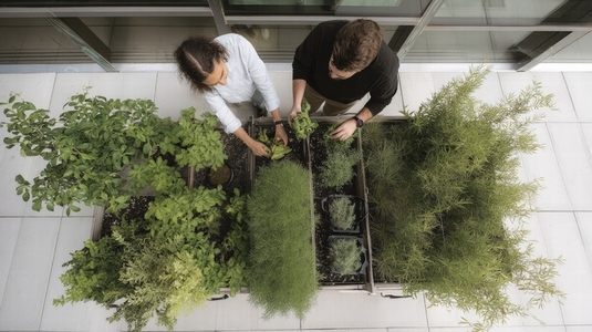 Rooftop garden people plants green urban outdoor herbs relaxing city modern nature top view